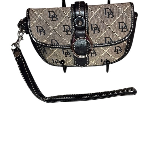 Dooney & Bourke Handbags - Dooney & Bourke Black Grey DB Monogram Flap Wristlet Silver Ring Clasp Vintage